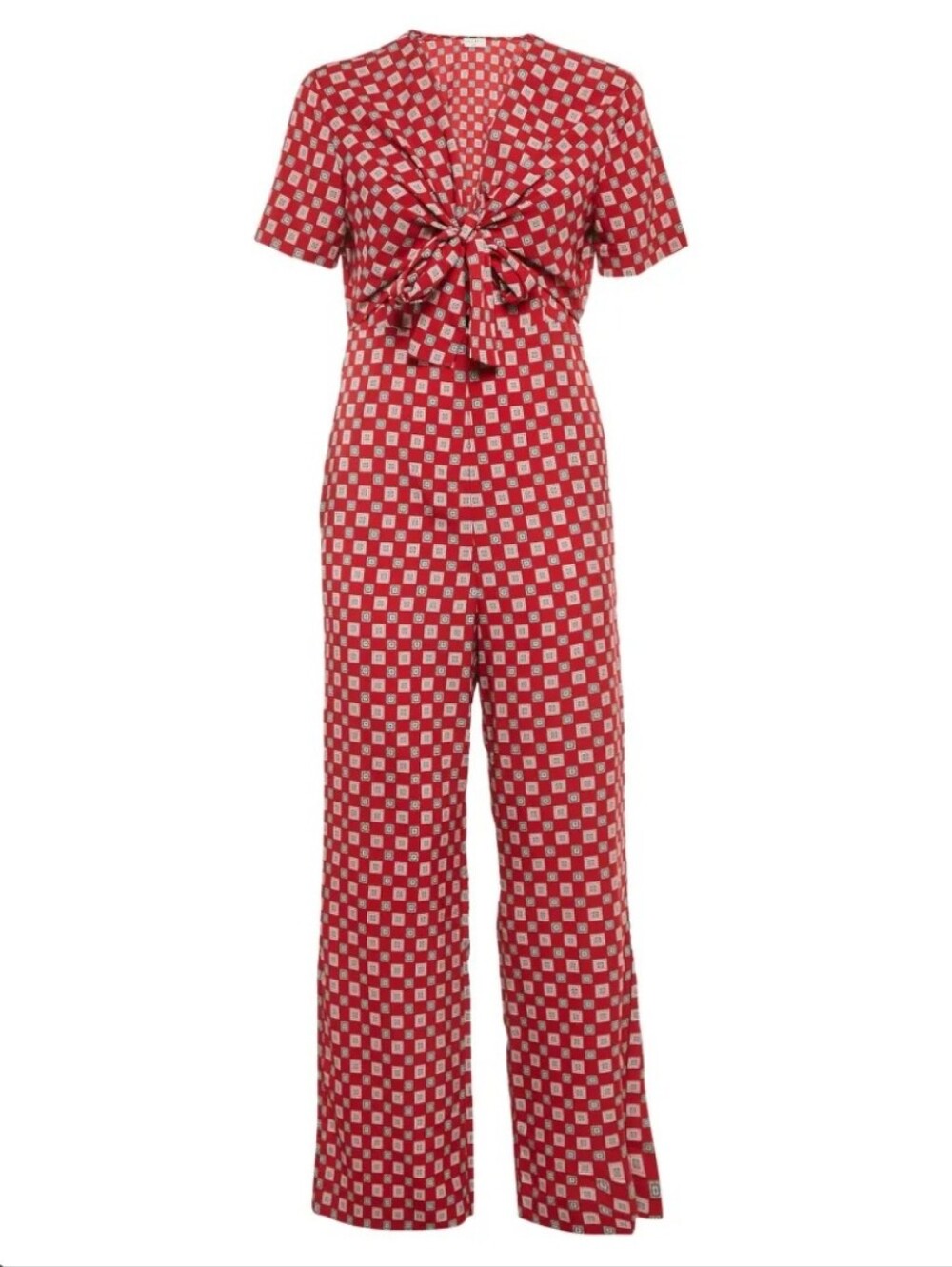 SANDRO PARIS RED, GREEN WHITE  WIDE LEG, FRONT BOW JUMPSUIT, EUR 38, US 6
